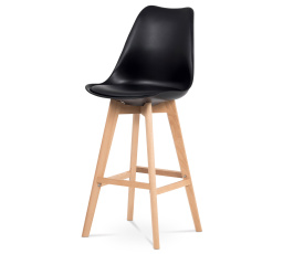 Barová stolička, čierny plast+koža, masívne bukové nohy
