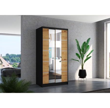 Šatní skriňa s posuvnými dverami a zrkadlom KSAWER 100 Black+Artisan