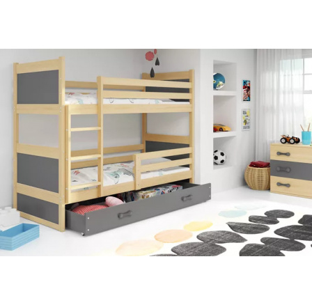 Detská poschodová posteľ RICO so zásuvkou 90x200 cm, vrátane matracov, Prírodná/Grafit