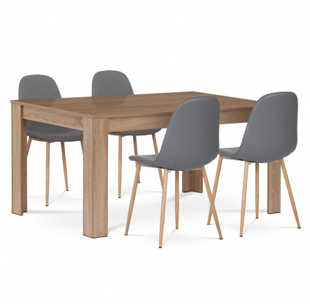 Jedálenský set 1+4, stôl 160x90 cm, MDF, dekor dub sonoma, čalúnenie stoličiek sivá látka a ekokoža, nohy kov, dekor dub