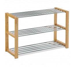 Stojan na topánky, 3 kovové chrómové police, masívne gumené drevo, prírodný odtieň