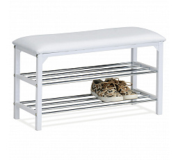 Stojan na topánky/stolička, 2 police, čierne čalúnenie z ekokože, kov - biely matný lak a chróm