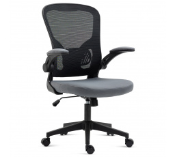 Kancelárska stolička, čierny plast, sivá látka, sklopné podrúčky, kolieska na tvrdé podlahy