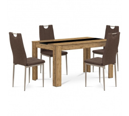 Jedálenský set 1+4, stôl 138x80 cm, MDF dub wotan, stoličky hnedá látka, capp. lak