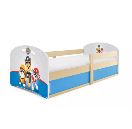 Detská posteľ LUKI 1 s matracom, Prírodná / Tlapková patrola