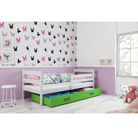 Detská posteľ ERYK 90x200 cm so zásuvkou, bez matraca, Biela/Zelená Detská posteľ ERYK 90x200 cm so zásuvkou, bez matraca, Biela/Zelená