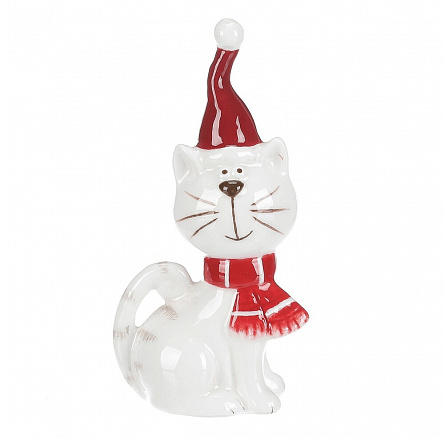 Kočka se šálou - keramická figurka, vel. S, červeno-bílý Kočka se šálou - keramická figurka, vel. S, červeno-bílý