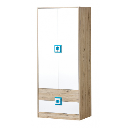 Šatní skriňa NICO 01, Svetlý Dub/Biela/Tyrkysová