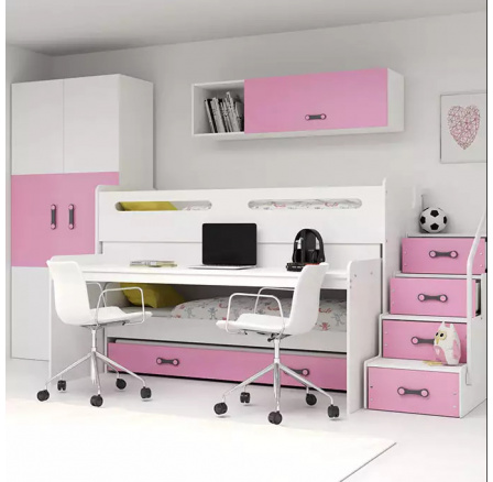 Detská poschodová posteľ s písacím stolom MAX 1 Ružová, bez matraca 80 X 200, pre 3 osoby