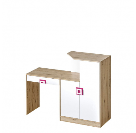 NIKOS 11 - Písací stôl s komodou (NICO 11) - biely/svetlý dub - ružová úchytka (DO) (K150-Z)