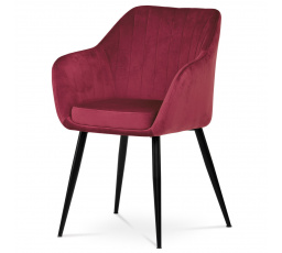 Jedálenská stolička, červené zamatové čalúnenie, kovové nohy, čierny matný lak