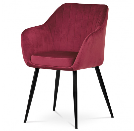 Jedálenská stolička, červené zamatové čalúnenie, kovové nohy, čierny matný lak