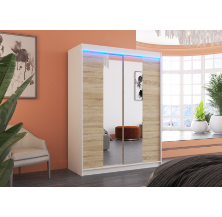 Posuvná skriňa so zrkadlom a LED osvetlením FEVER 150 Biela+Sonoma Posuvná skriňa so zrkadlom a LED osvetlením FEVER 150 Biela+Sonoma