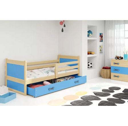 Detská posteľ RICO 90x200 cm so zásuvkou, s matracom, Prírodná/Modrá Detská posteľ RICO 90x200 cm so zásuvkou, s matracom, Prírodná/Modrá