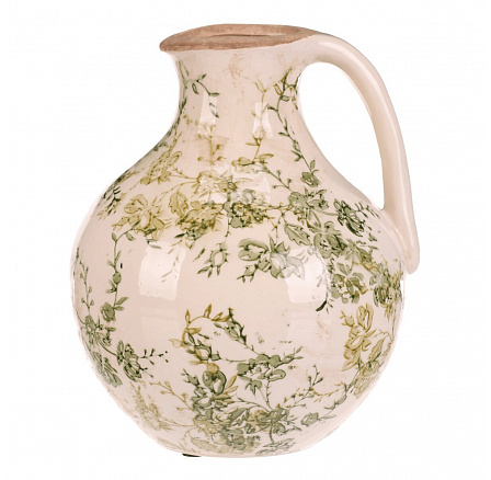 Váza keramická - džbánek, retro, zelené květy, vel. M Váza keramická - džbánek, retro, zelené květy, vel. M