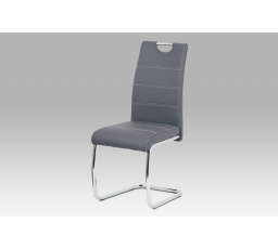 Jedálenská stolička, sivé čalúnenie z ekokože, biele prešívanie, kovové hojdačky, chróm