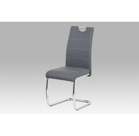 Jedálenská stolička, sivé čalúnenie z ekokože, biele prešívanie, kovové hojdačky, chróm