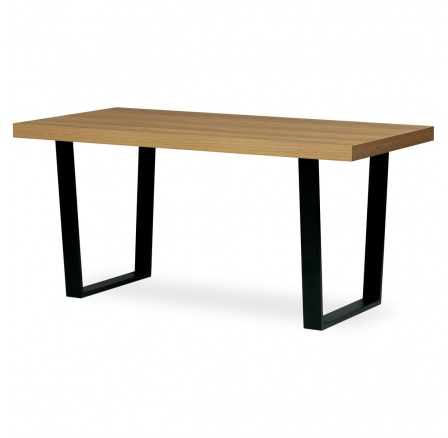 Jedálenský stôl, 160x8x760 cm, vrchná doska MDF, dubová dyha, kovové nohy, čierny lak