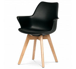 Jedálenská stolička, čierna plastová škrupina, sedadlo z ekokože, masívne nohy z prírodného buku