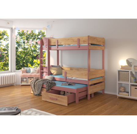 Trojposchodová posteľ s matracom ETAPO 200x90 Pink+Oak Gold