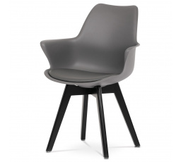Jedálenská stolička, sivá plastová škrupina, sedadlo z ekokože, čierne lakované nohy z masívneho prírodného buku