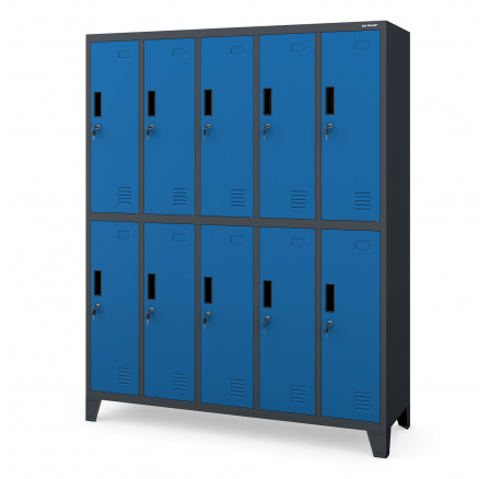 Kovová uzamykateľná šatníková skriňa na oblečenie s 10 boxmi antracitovo-modrá: BARTEK 1360 x 1720 x 450 mm Kovová uzamykateľná šatníková skriňa na oblečenie s 10 boxmi antracitovo-modrá: BARTEK 1360 x 1720 x 450 mm