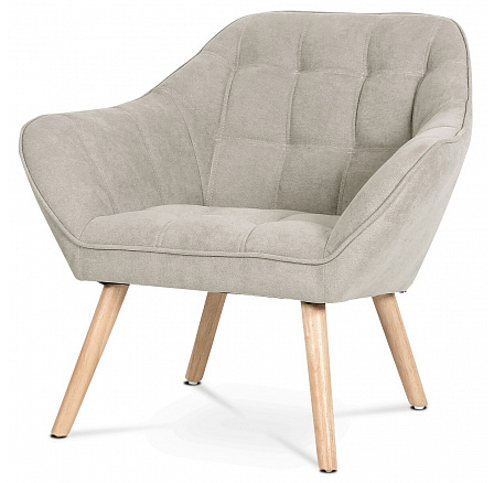 Kreslo, čalúnenie sivobéžová látka, drevené nohy - masívny kaučukovník