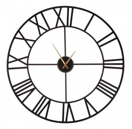Hodiny nástěnné - pr. 65 cm, kov, římské číslice, černá barva Hodiny nástěnné - pr. 65 cm, kov, římské číslice, černá barva