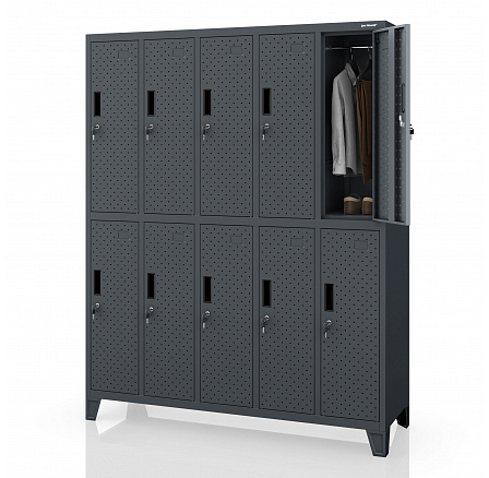 Šatníková skrinka BHP, priehradková, perforovaná, 10 priehradiek, antracitová, 1360x1720x450 mm: BARTEK PRO Šatníková skrinka BHP, priehradková, perforovaná, 10 priehradiek, antracitová, 1360x1720x450 mm: BARTEK PRO