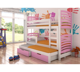 Poschodová posteľ s tromi lôžkami a matracmi SORIA White+Pink