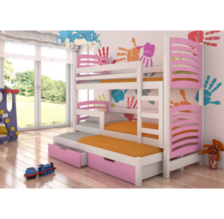 Poschodová posteľ s tromi lôžkami a matracmi SORIA White+Pink