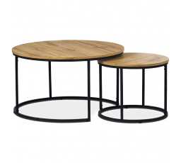 Súprava 2 stolov, vrchná doska z MDF, dekor divoký dub, kovová podstava, čierny lak