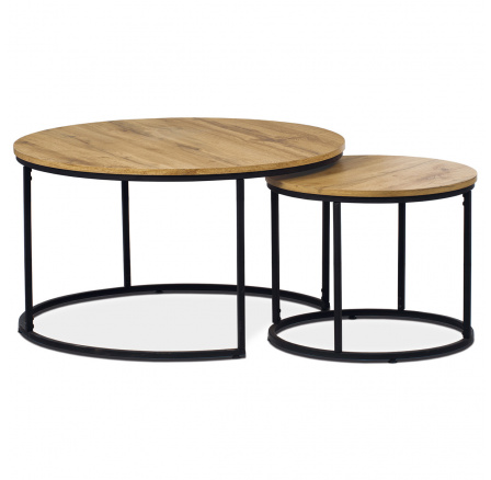 Súprava 2 stolov, vrchná doska z MDF, dekor divoký dub, kovová podstava, čierny lak