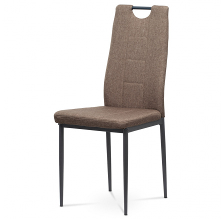 Jedálenská stolička, hnedé látkové čalúnenie, kovová štvornohá podnož, antracitový matný lak
