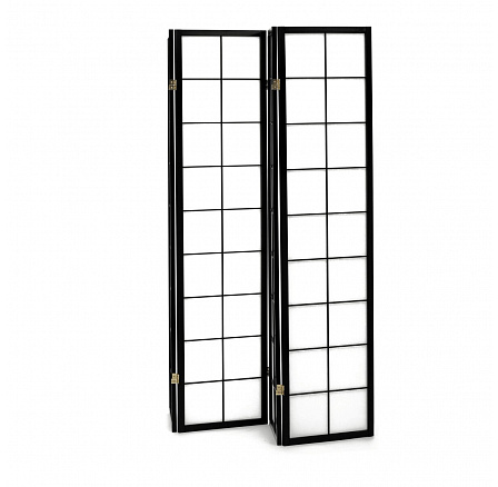 Paraván drevený 4 dielny, masív smrek, biela netkaná textília, čierny matný lak