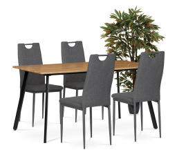 Jedálenský set 1+4, stôl 150x80 cm, MDF, dekor medový dub, kov - čierny lak, poťah stoličiek sivá látka, kov - antracitový lak