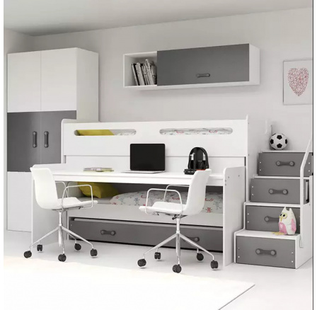 Poschodová posteľ s písacím stolom MAX 1 Grafit, 3 miestna, 80 X 200