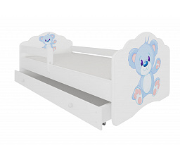 Posteľ s matracom, zábranou a šuplíkom CASIMO BLUE BEAR 140x70 Biela