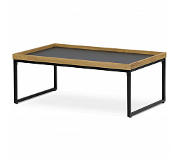 Konferenčný stolík, vrchná doska z MDF sivá s ozdobným okrajom divoký dub, čierny kov.