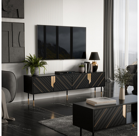 TV komoda MOUNTAIN 200 4D, čierna / zlatá TV komoda MOUNTAIN 200 4D, čierna / zlatá