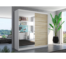 Šatní skriňa s posuvnými dverami a zrkadlom OLIVER 200 Biela+Sonoma