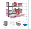 Detská poschodová posteľ RICO 3 s prístelkou 90x200 cm, bez matraca, Grafit/Ružová