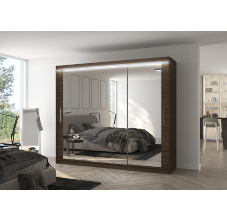 Šatní skriňa s posuvnými dverami, zrkadlom a LED osvetlením CHESTER 250 Choco+Choco