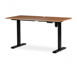 Kancelársky stôl s elektrickým polohovaním, buková doska, čierny kovový rám.