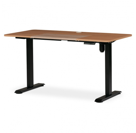 Kancelársky stôl s elektrickým polohovaním, buková doska, čierny kovový rám.