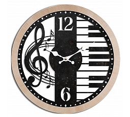 Hodiny nástěnné - pr. 60 cm, MDF a kov, houslový klíč a klávesy