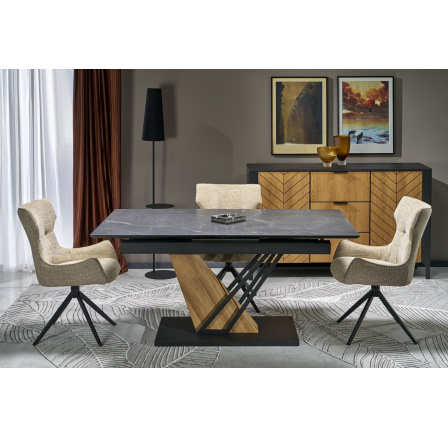 Jedálenský stôl VOLANT 160, efekt čierneho mramoru/zlatý dub /čierna