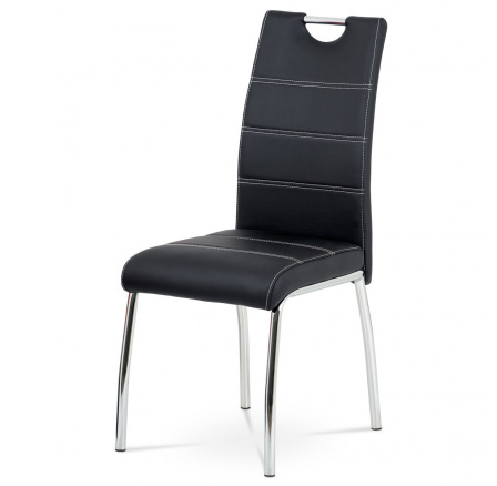 Jedálenská stolička, čierne čalúnenie z ekokože, biele prešívanie, štvornohá pochrómovaná kovová podnož