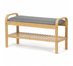 Botník / taburet, polica, masív bambus, prírodný odtieň, sivá látka