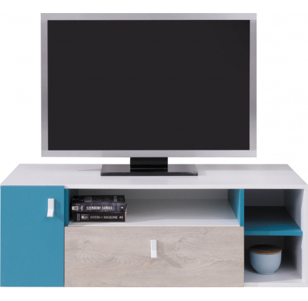TV stolík PLANET- PL10, biely lux+dub+modrá